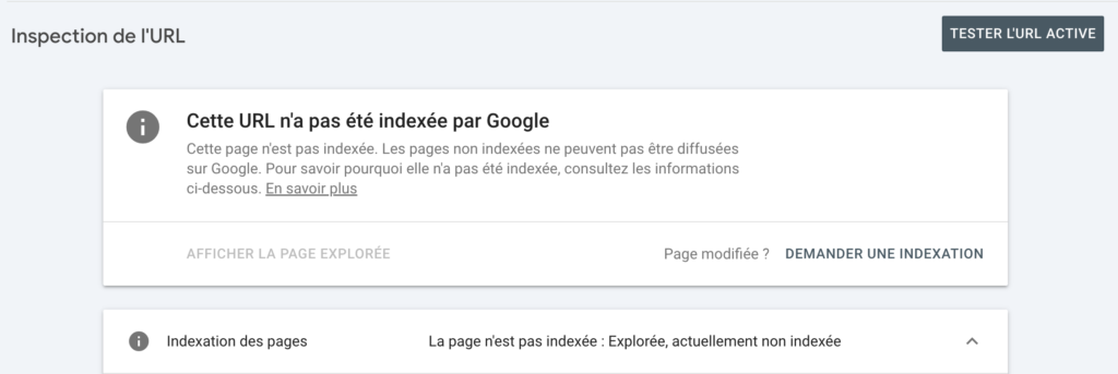 page explorée, actuellement non indexée google search console