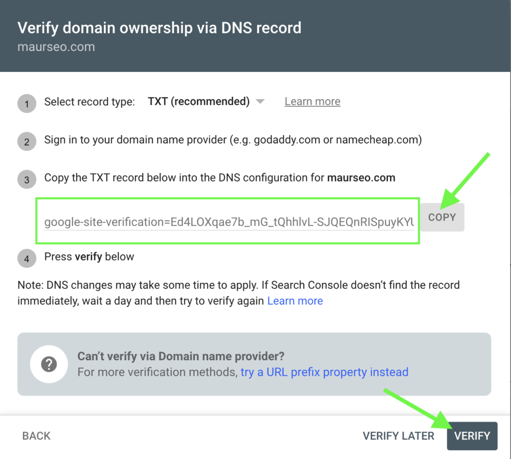 verification site web google search console